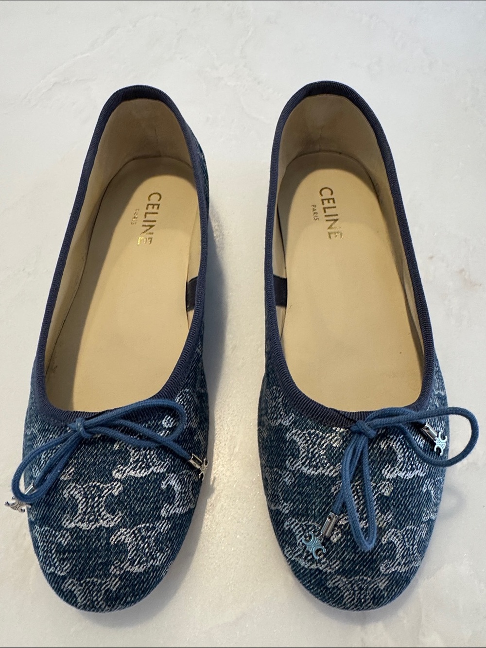 Celine Navy Denim Logo Jacquard Ballet Flats
